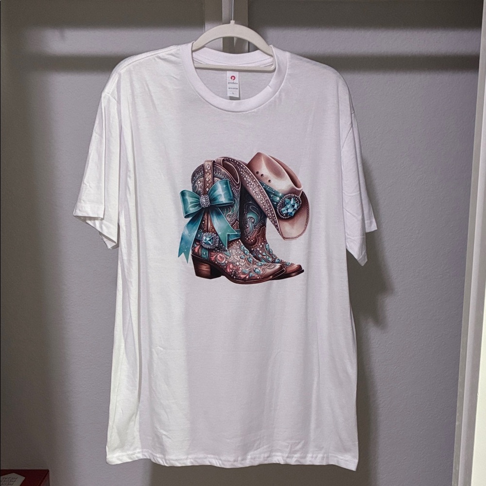 White Graphic Tee with Turquoise Western Boots & Hat